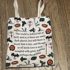 Lord Of The Rings Tote Bag in White with Green and Orange Accents